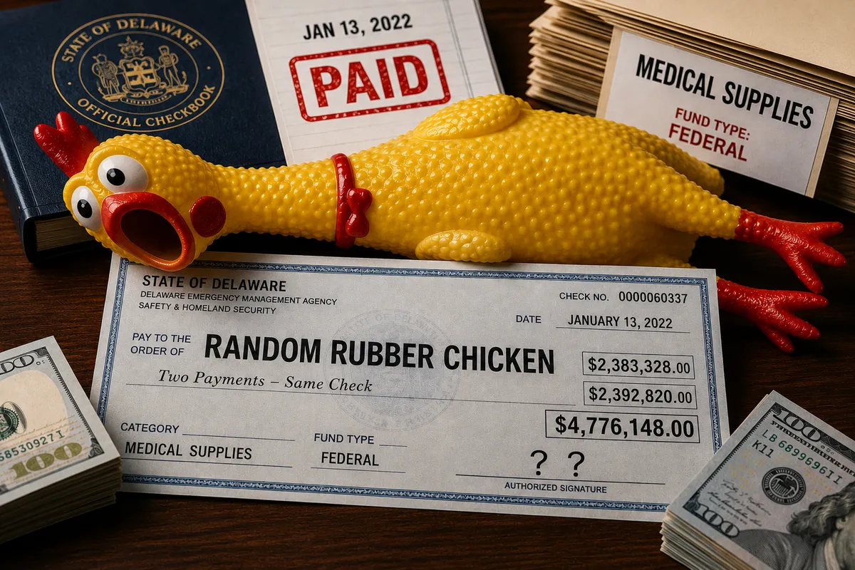 A rubber chicken beside a State of Delaware check for 4.77 million dollars